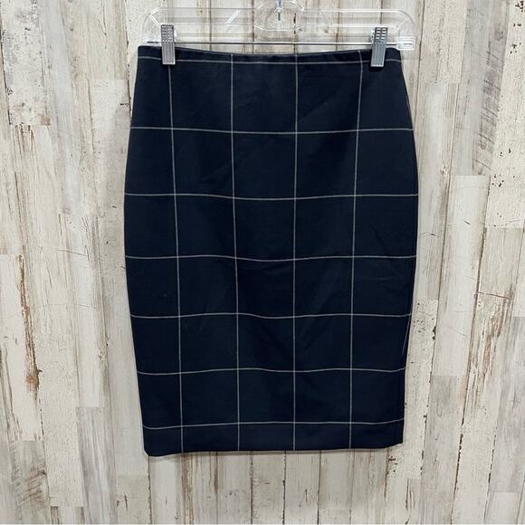 Ann Taylor Navy Blue Windowpane Plaid Pencil Career Business Skirt Size 0 Church - Picture 1 of 8